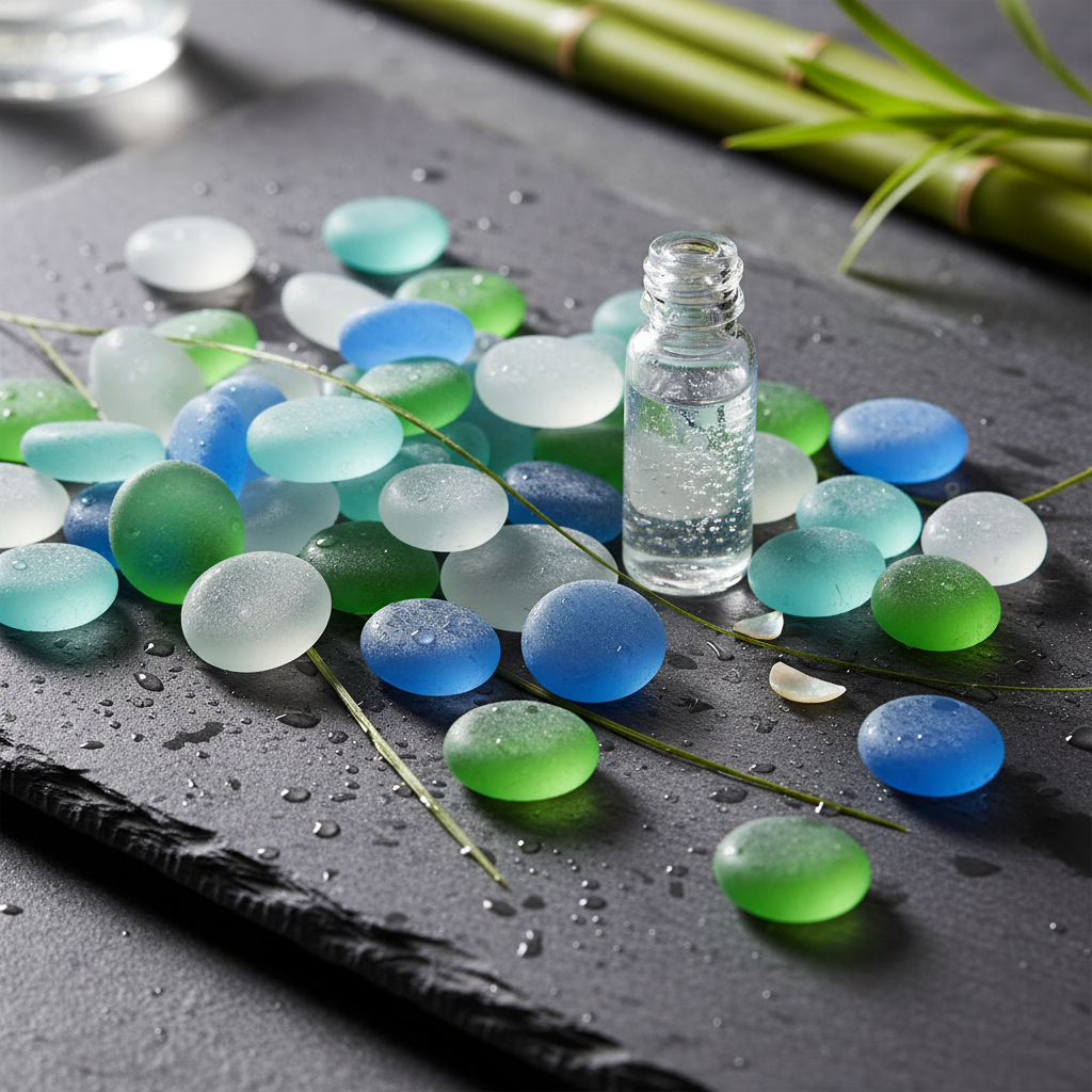 STONED frosted mixed glass pebbles in blue green and white colors on black surface with small glass vial SGI Online