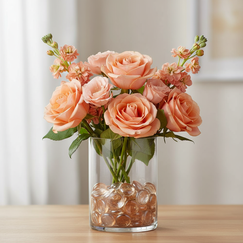15kg peach glass pebbles in clear vase holding a bouquet of peach roses by STONED