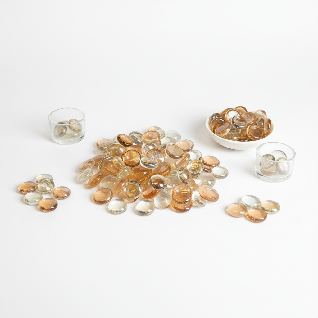 STO NED peach and clear glass pebbles scattered with some in small clear containers and a white dish