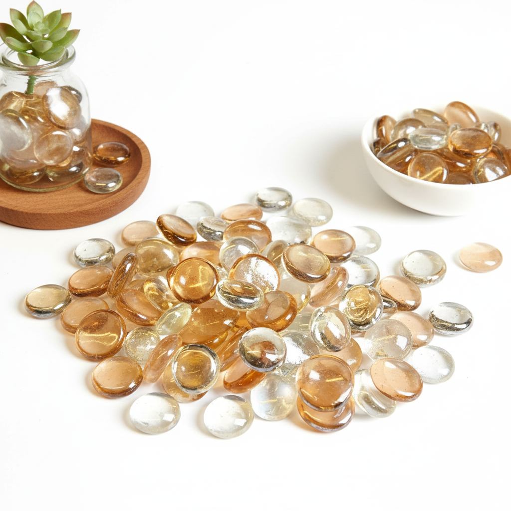 STONED peach and clear glass pebbles scattered on white surface with small plant and bowl SGI Online