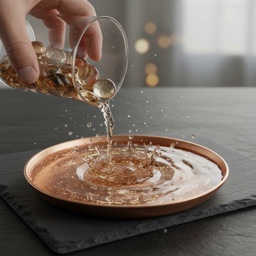 Hand pouring peach and clear glass pebbles from a glass container into a copper dish with water splash SGI Online