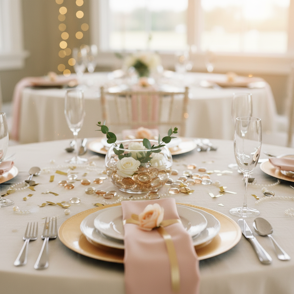 Elegant table setting with peach and clear glass pebbles scattered around a floral centerpiece