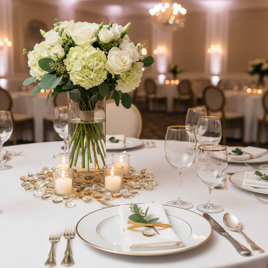Elegant dining table centerpiece featuring peach and clear glass pebbles surrounding candles and a floral bouquet