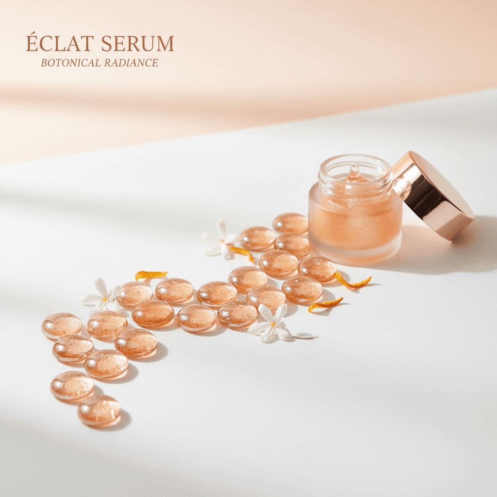 Peach glass pebbles scattered next to an open cosmetic jar with floral accents