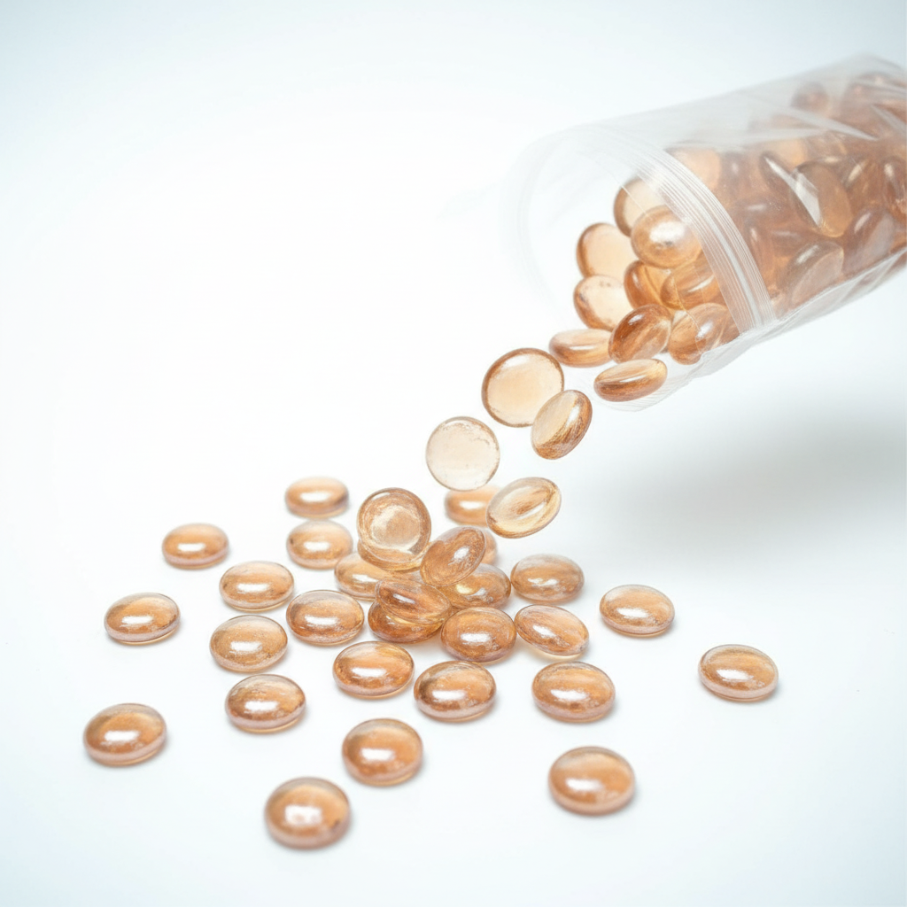 STONED peach glass pebbles spilling out from a clear container on white background SGI Online