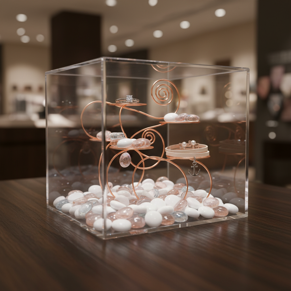 Clear acrylic box filled with peach melba glass pebbles displaying jewelry on elegant copper stands