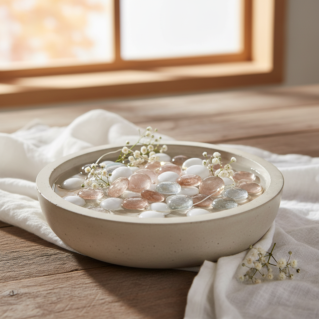 STONED peach melba glass pebbles in a beige bowl with decorative white flowers on wooden table SGI Online