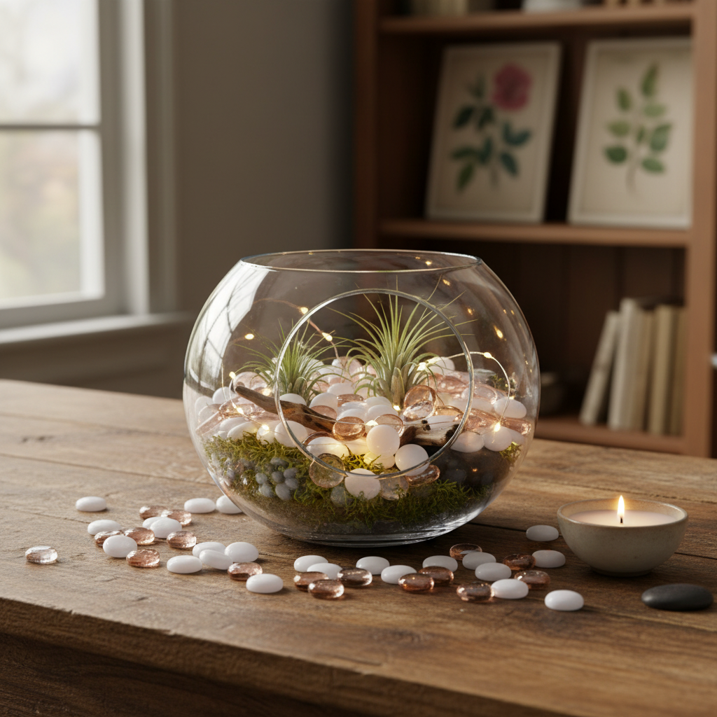 STONED peach melba glass pebbles in a glass bowl terrarium with air plants on wooden table SGI Online