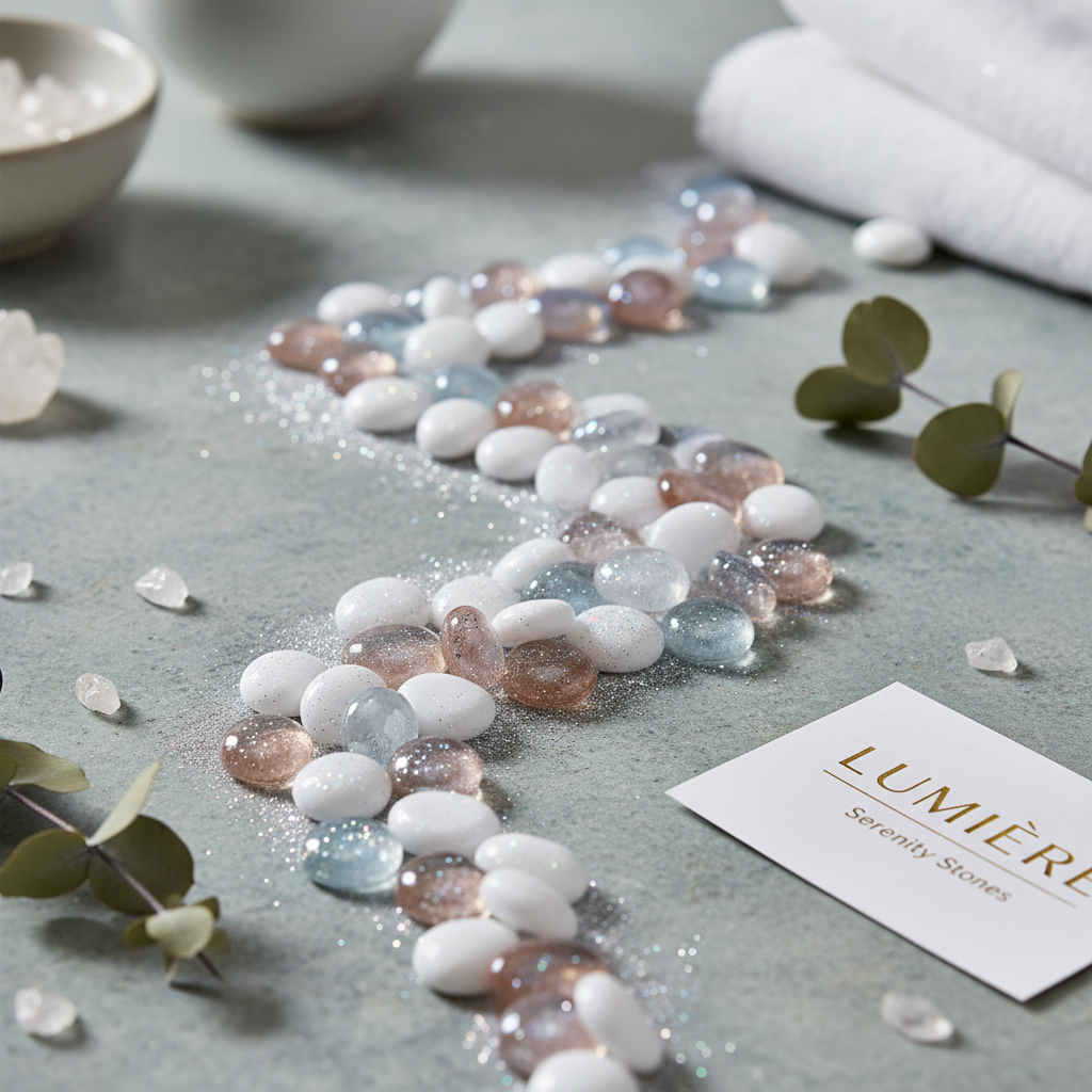 STONED peach melba glass pebbles in white, peach, and light blue scattered on a gray surface with eucalyptus leaves