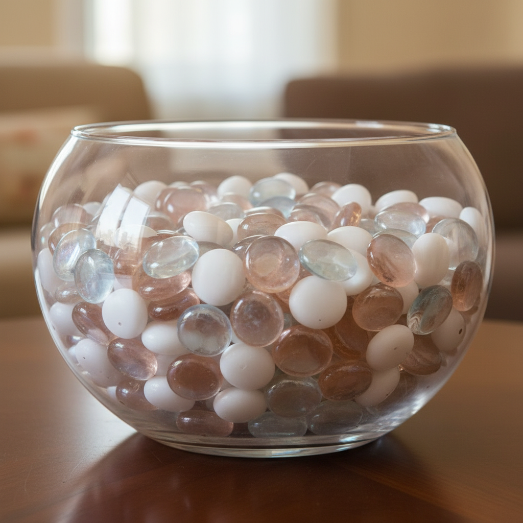 STONED peach melba glass pebbles in a clear round glass bowl for decorative use SGI Online