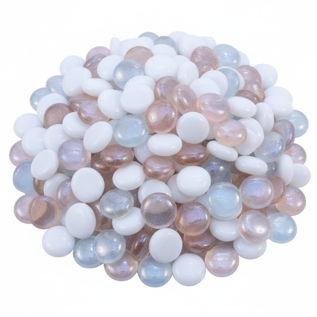 STONED peach melba glass pebbles in white, peach, and light blue colors for decorative use
