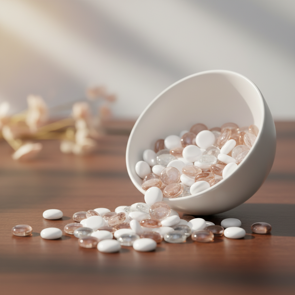 STONED peach melba glass pebbles in white and soft peach tones spilling from a white bowl on wooden surface
