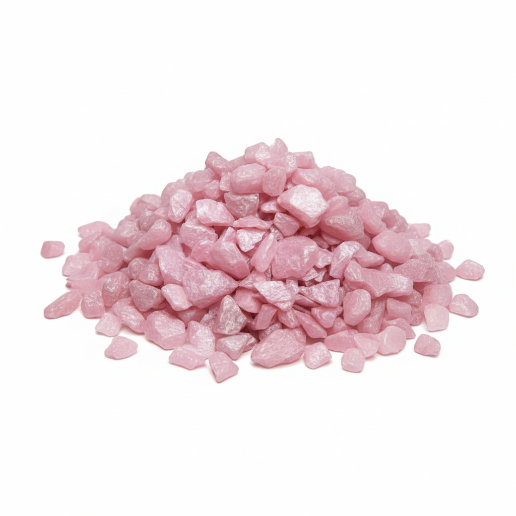 Pile of pink quartz crystal chippings from SGI Online for decorative landscaping and garden use SGI Online