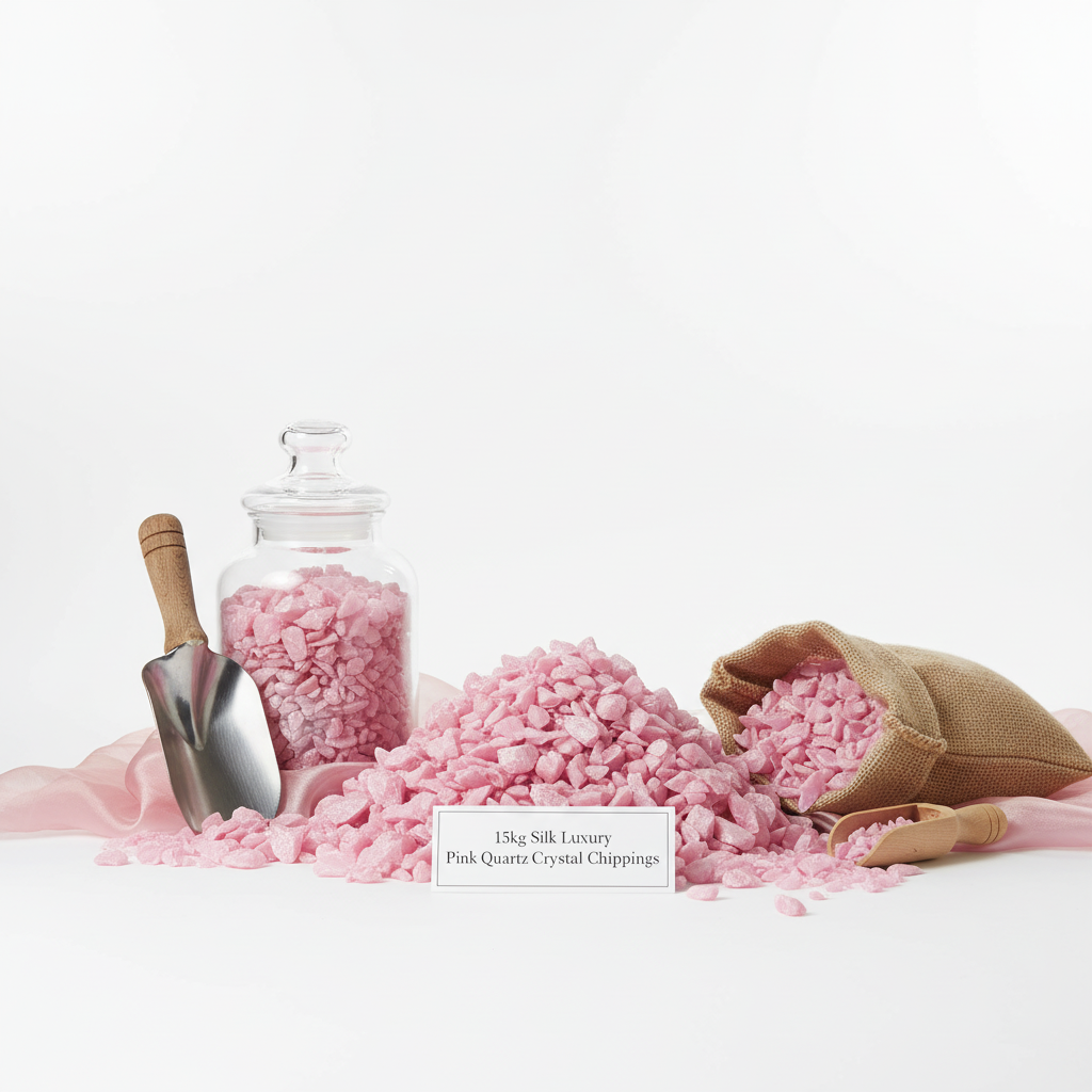 Pink quartz crystal chippings displayed in a glass jar, burlap sack, and loose pile with garden scoop SGI Online