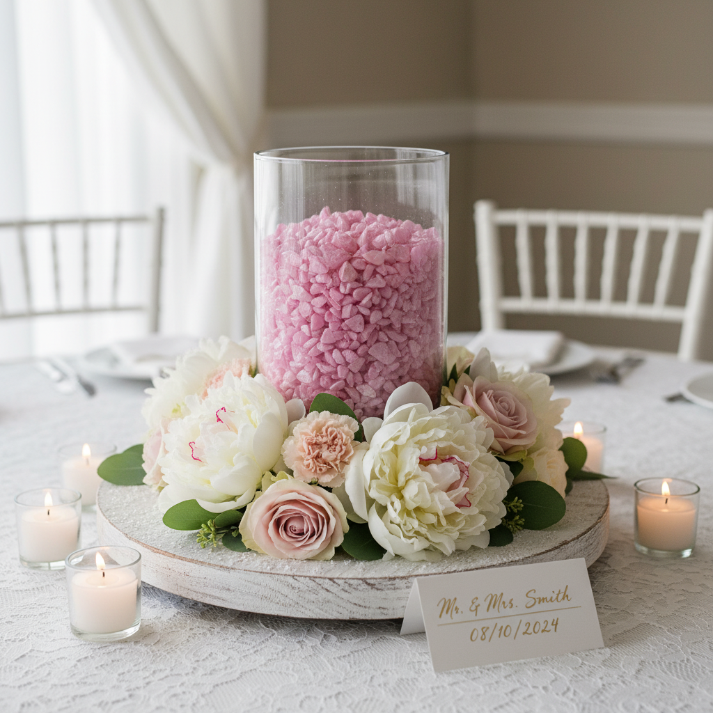 SGI Online pink quartz crystal chippings in clear glass vase surrounded by white and blush flowers on table SGI Online