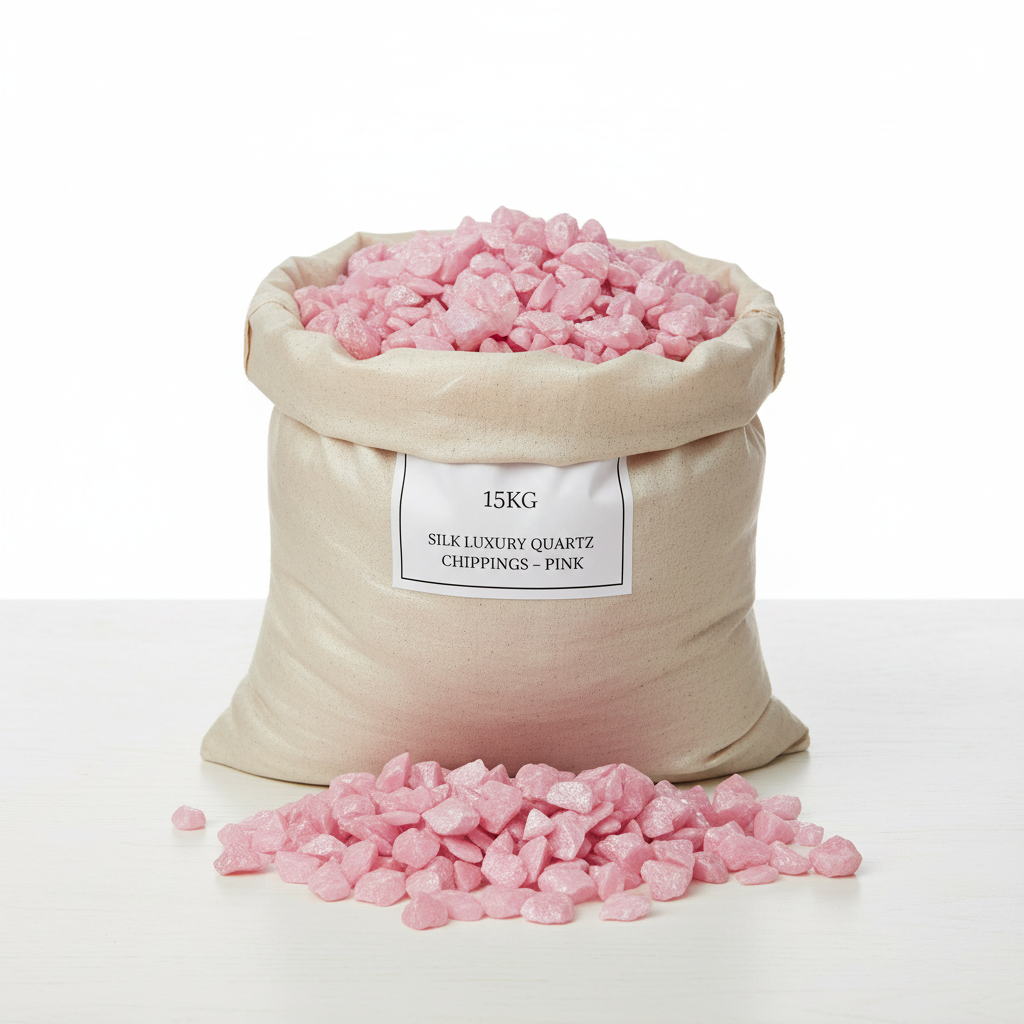 15kg bag of pink quartz crystal chippings with loose pink coloured chippings in front