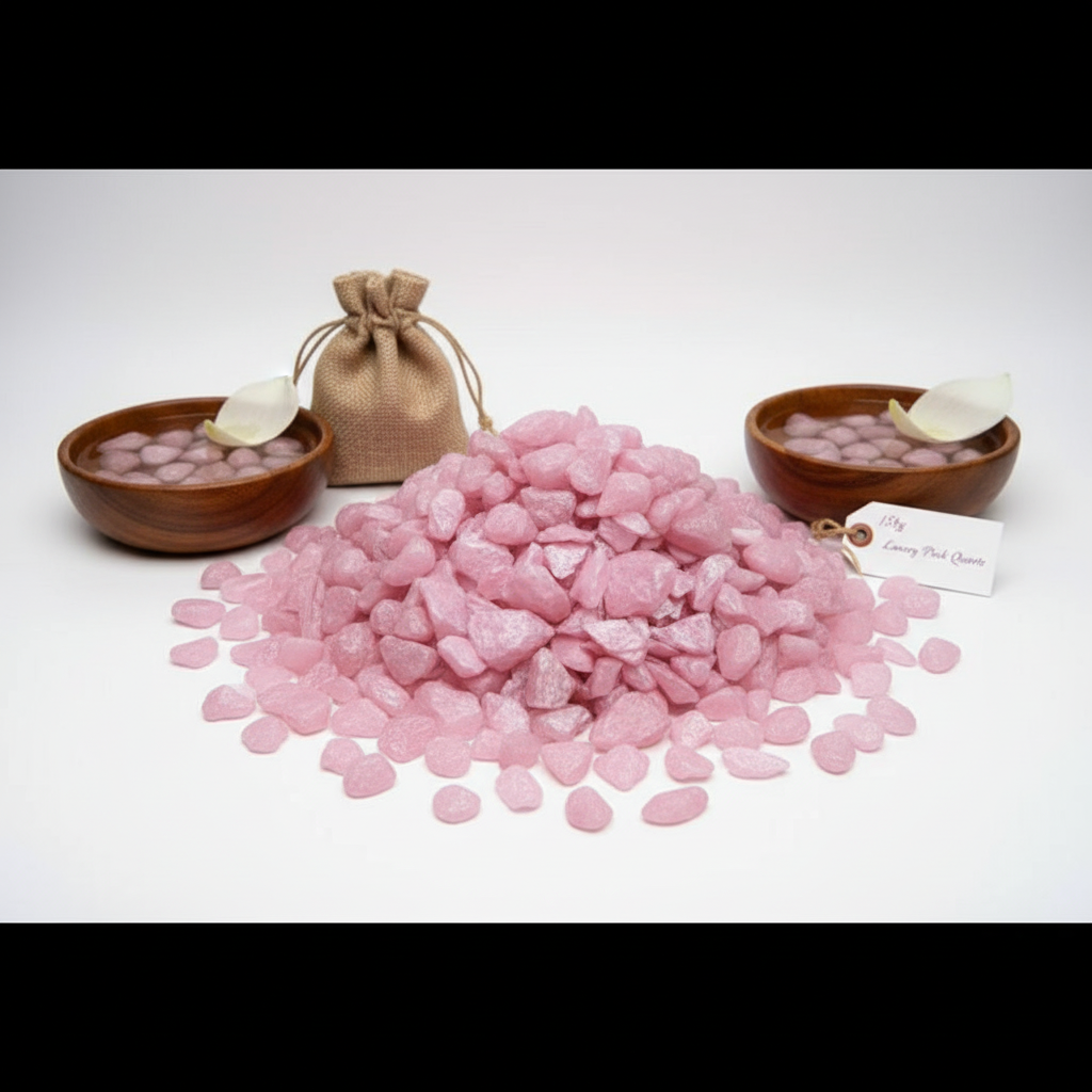 Pink quartz crystal chippings in a pile with wooden bowls and a burlap bag from SGI Online SGI Online