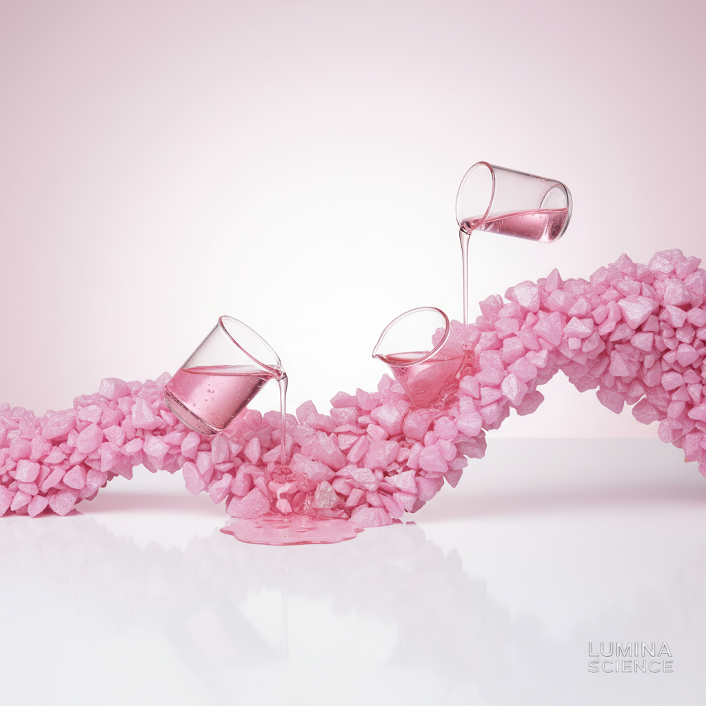 Pink quartz crystal chippings arranged in a wave shape with pink liquid pouring from glass cups