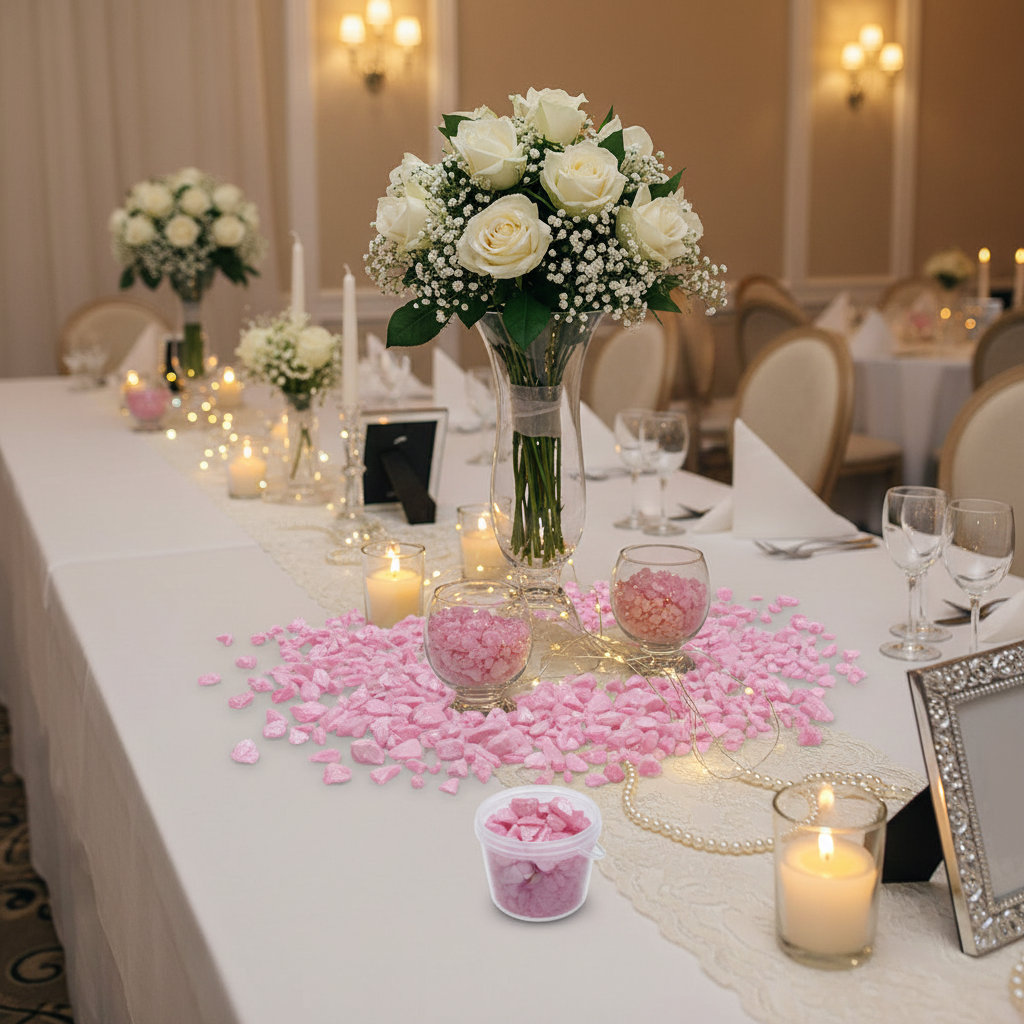 Wedding table decorated with white roses and pink quartz crystal chippings by SGI Online