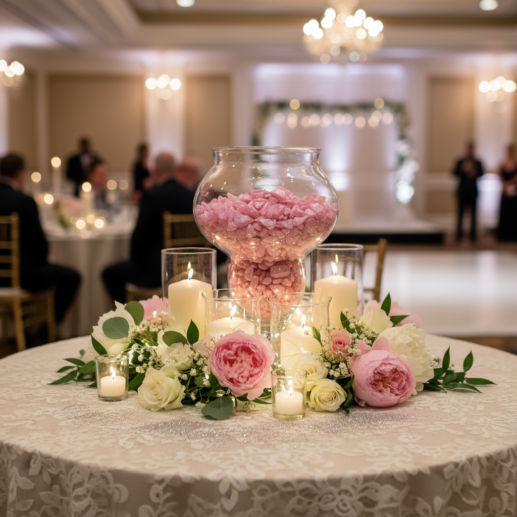 Glass vase filled with pink quartz crystal chippings centerpiece surrounded by white and pink flowers and candles SGI Online