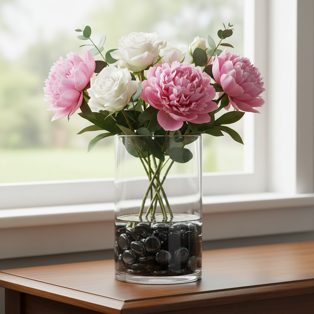 Clear vase with pink and white flowers arranged in black mirror glass pebbles by STONED SGI Online