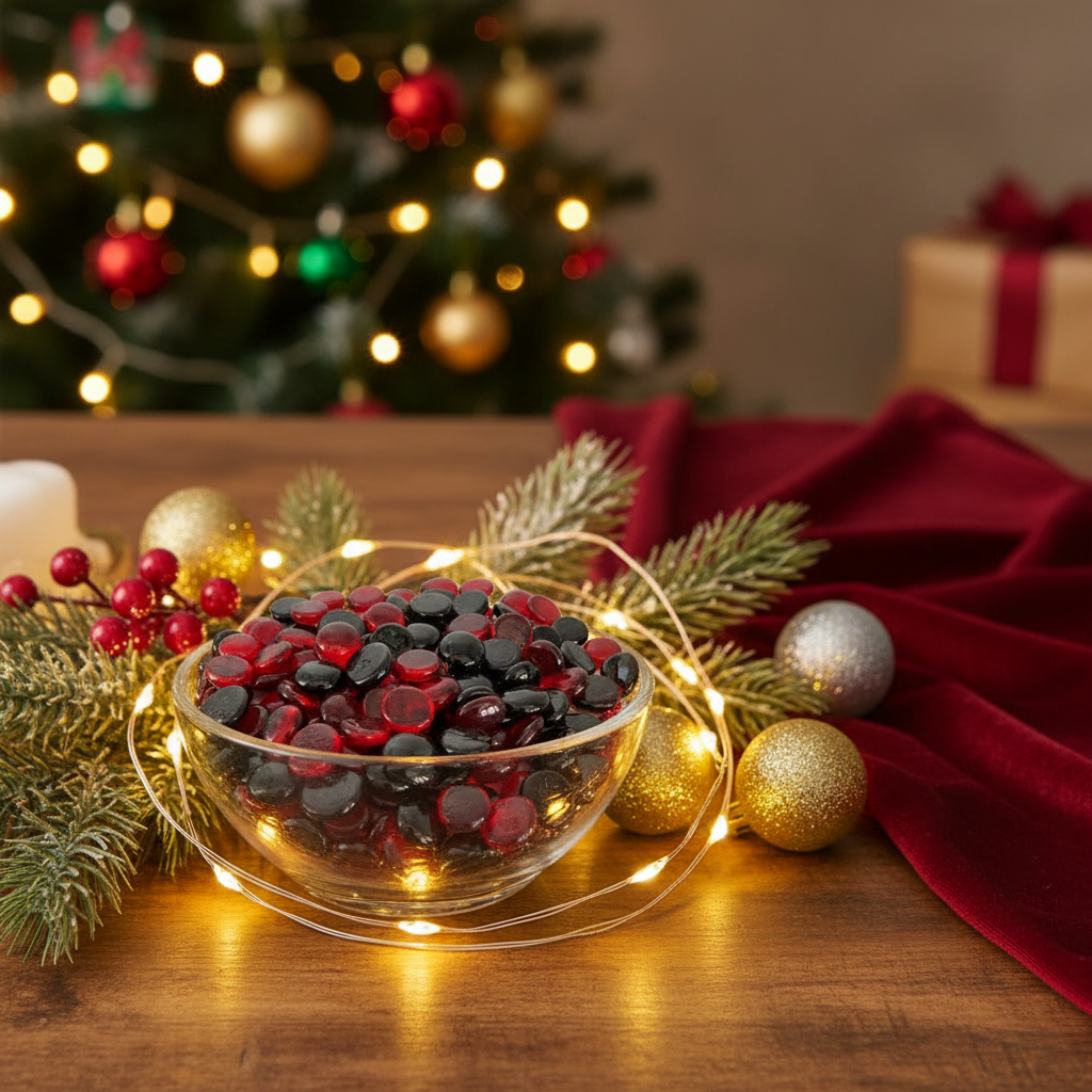 ST0NED red and black glass pebbles in a clear bowl with holiday decorations on a wooden table