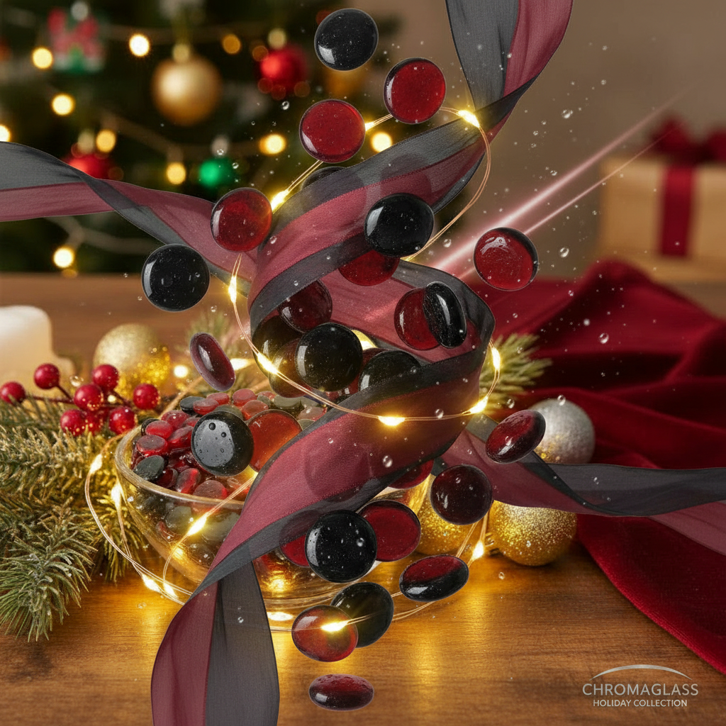 STONED red and black glass pebbles in decorative bowl with festive holiday lights and ribbon SGI Online