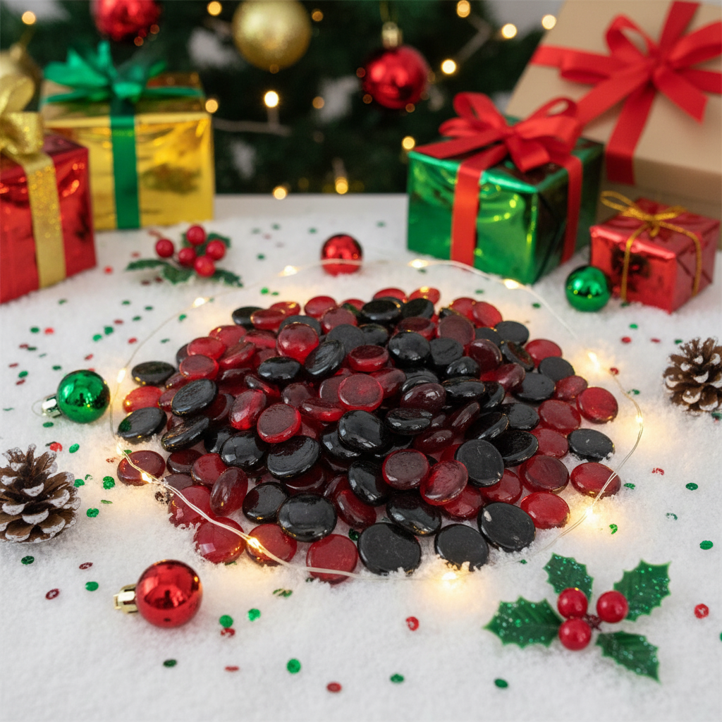 STONED red and black glass pebbles on festive white surface surrounded by holiday gifts and decorations SGI Online
