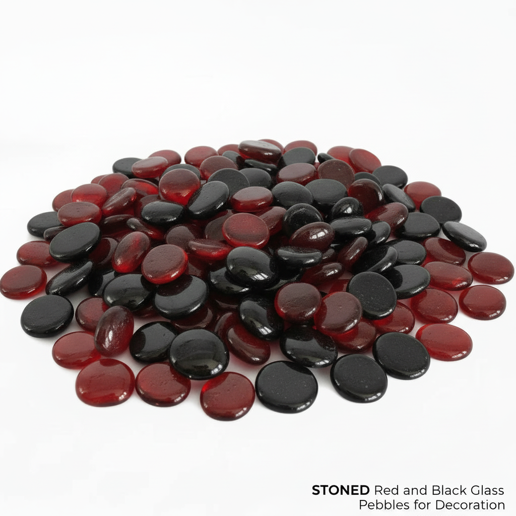 STONED red and black glass pebbles scattered on a white background for decoration