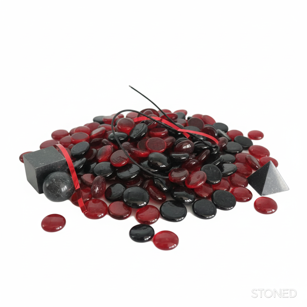 STONED red and black glass pebbles with geometric stones on white background