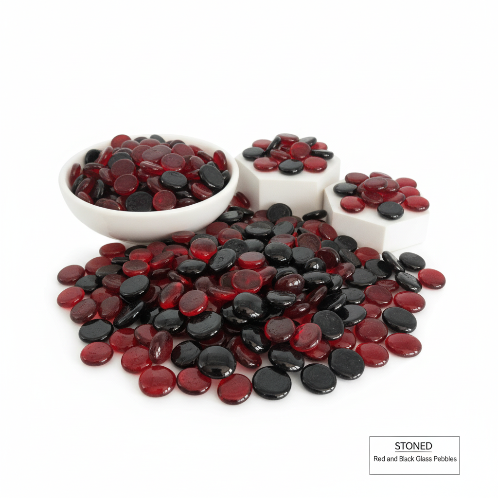 STONED red and black glass pebbles spread on white surface with some in white bowls SGI Online