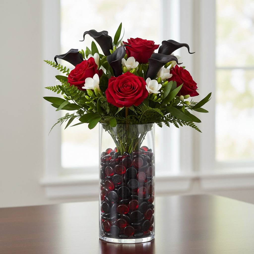 STONED red and black glass pebbles filling a clear vase holding a bouquet of red roses and black calla lilies SGI Online