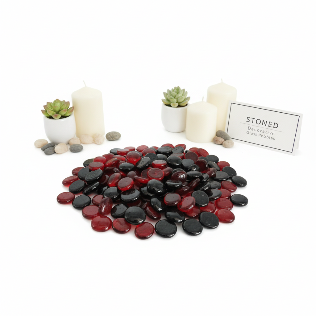STTONED red and black glass pebbles decorative stones with candles and succulents display