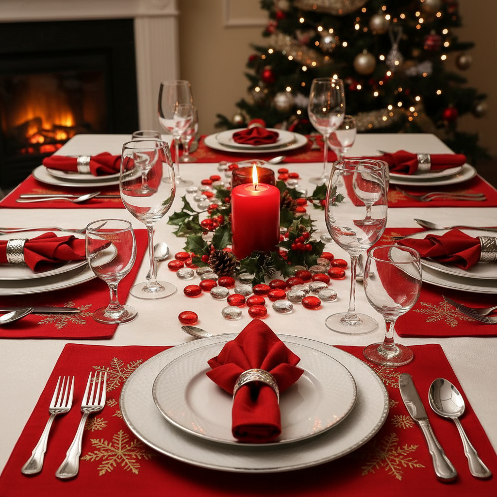 STONED red and clear glass pebbles decor surrounding red candle on festive holiday dinner table SGI Online