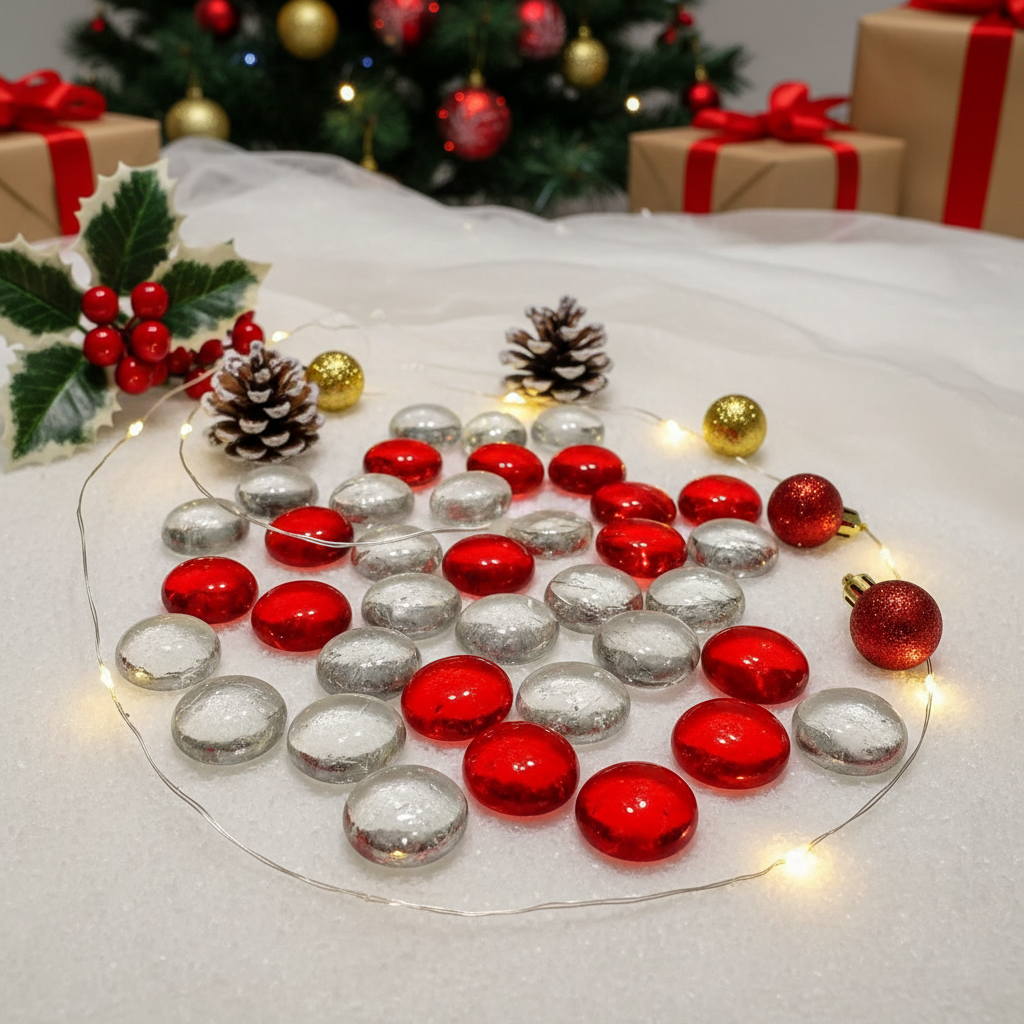 Red and clear glass pebbles arranged on white fabric with Christmas decorations and gifts