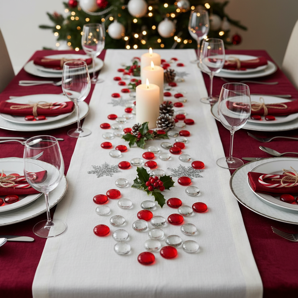 STYNED red and clear glass pebbles scattered on white table runner for holiday table decoration