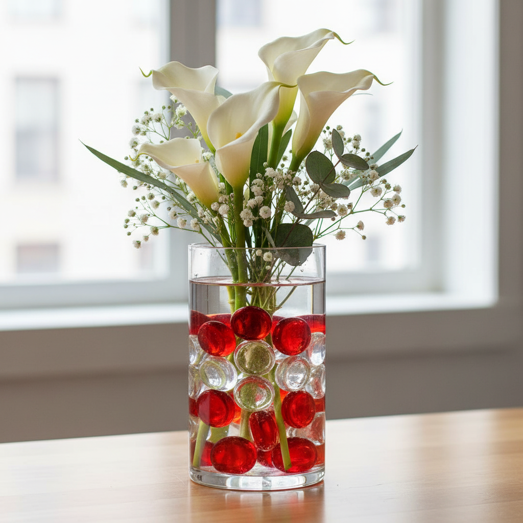 Red and clear glass pebbles in a clear vase with white calla lilies and greenery on a table SGI Online