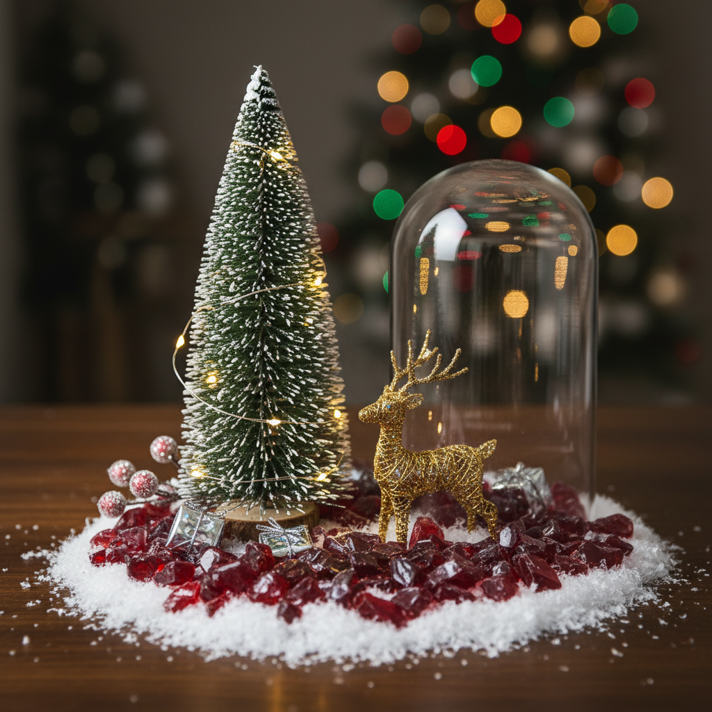 STONED red glass chippings 20kg surrounding holiday decor with tree and golden reindeer