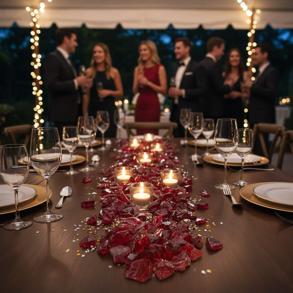 Red glass chippings 20kg from STONED arranged on a dining table centerpiece with glassware and candles