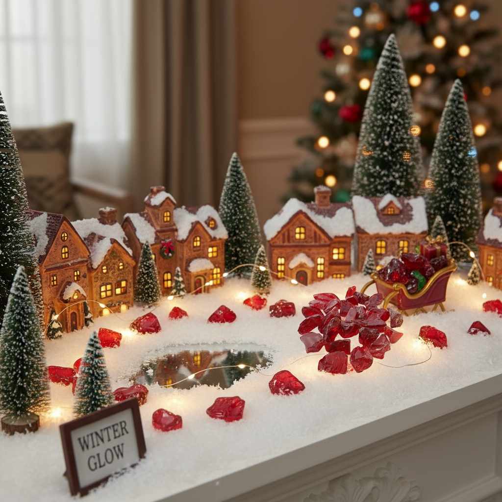 Red glass chippings scattered on snowy village holiday decoration with miniature houses and Christmas trees SGI Online