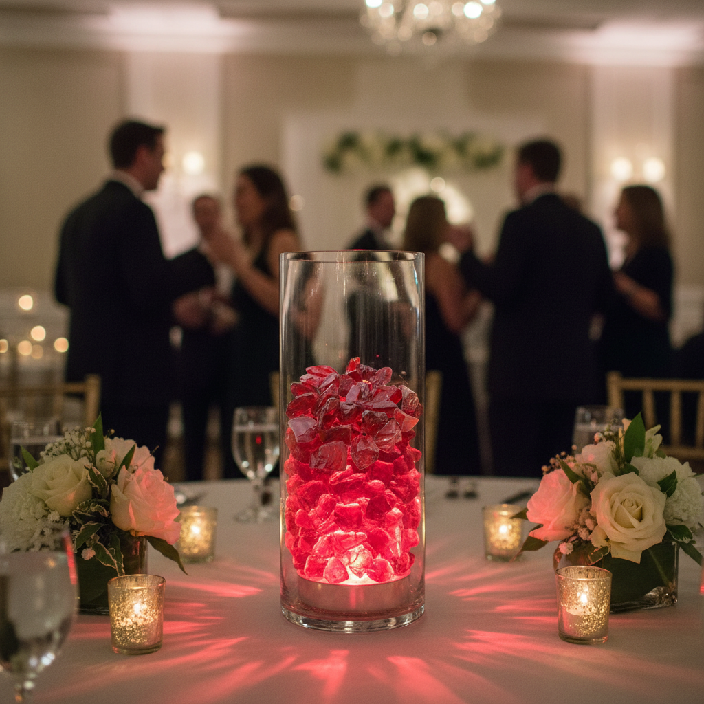 Tall glass vase filled with red glass chippings glowing on a decorated event table