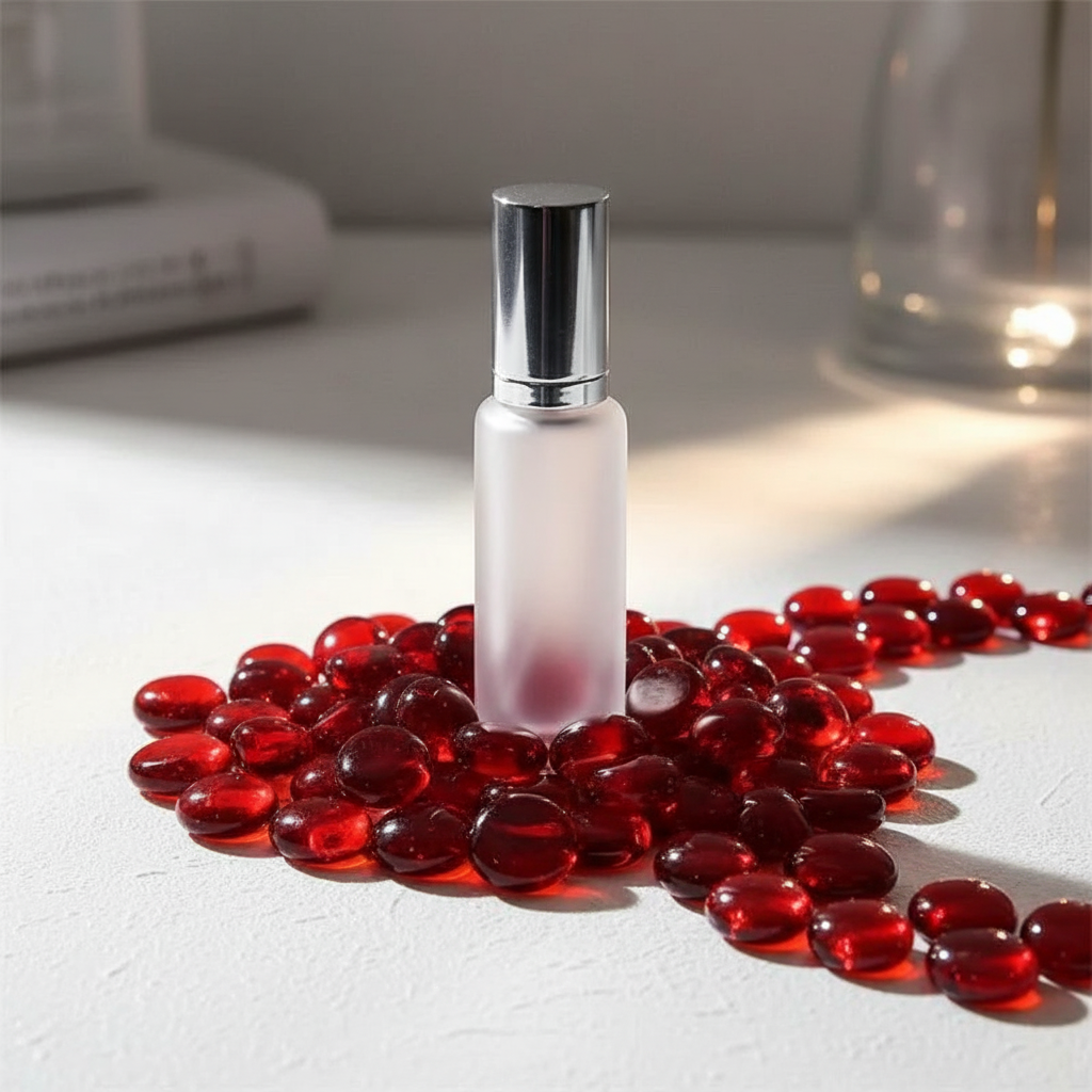 Red glass pebbles bulk from STONED surrounding a frosted glass bottle with silver cap on white surface SGI Online