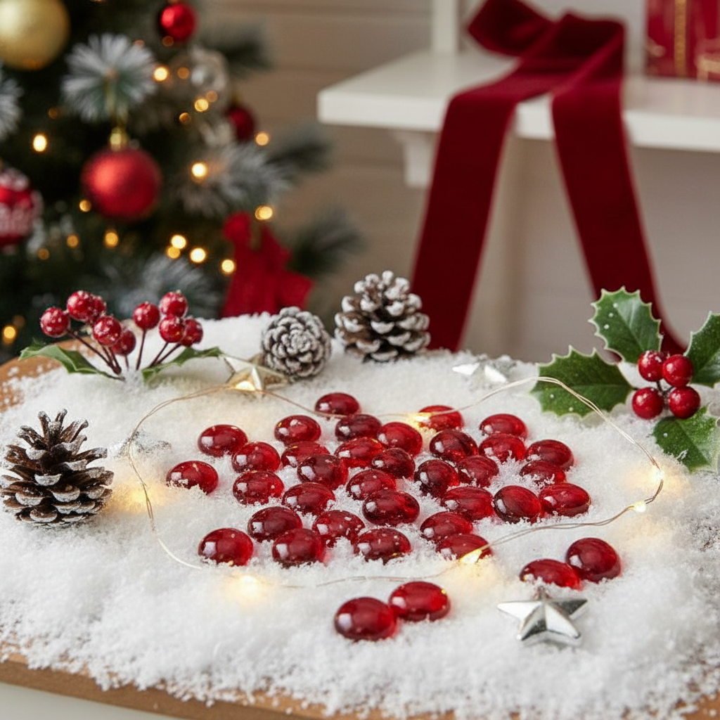 STONED red glass pebbles bulk displayed on artificial snow with holiday decorations and lights