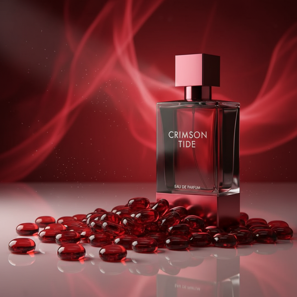 Red glass pebbles bulk from STONED placed around a glass perfume bottle on a reflective surface
