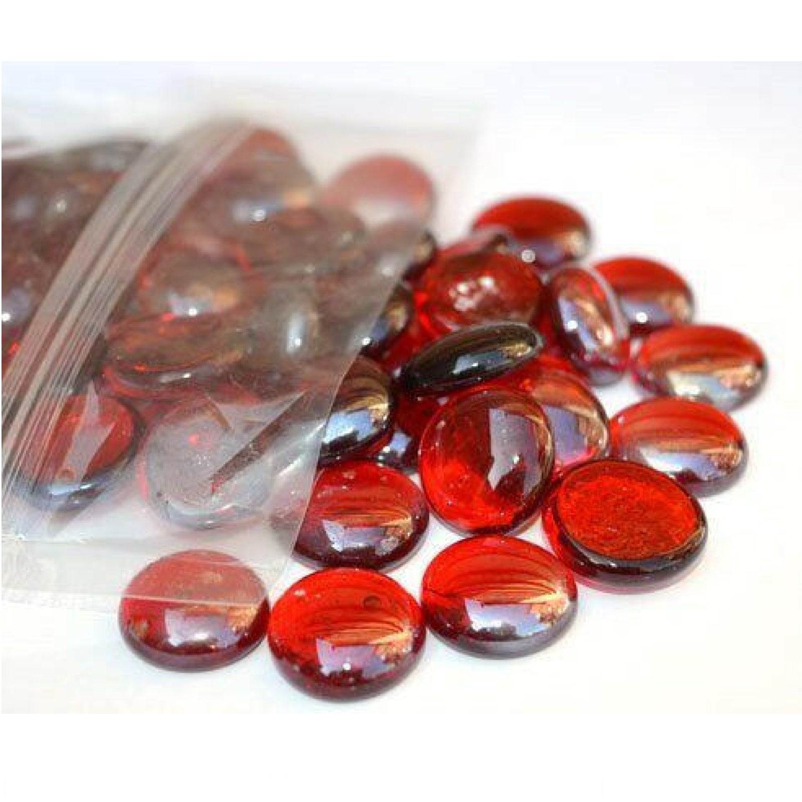 STONED red glass pebbles bulk in a clear resealable bag with shiny smooth surfaces