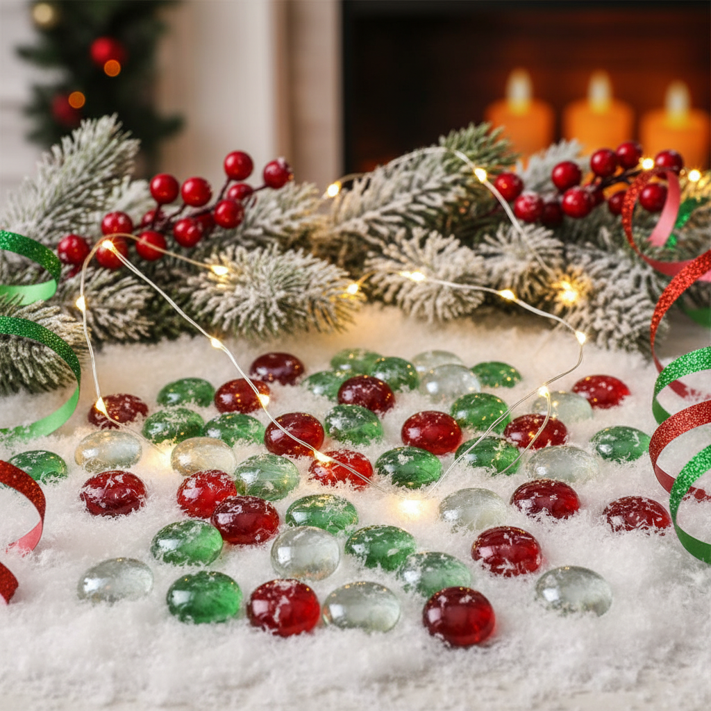 STONED red green clear glass pebbles displayed on snow with holiday decorations and lights SGI Online