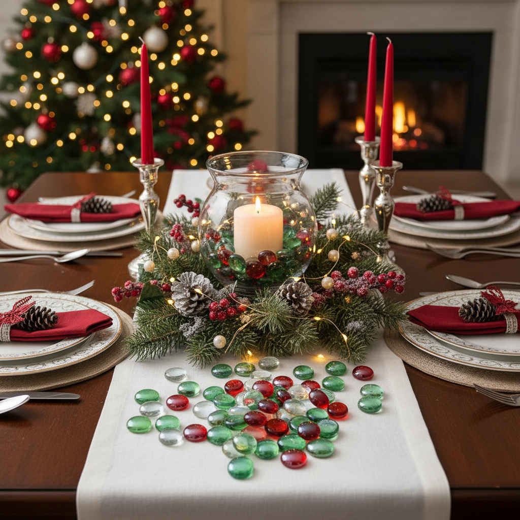 Red green clear glass pebbles scattered on a festive dining table with holiday centerpiece and candles SGI Online