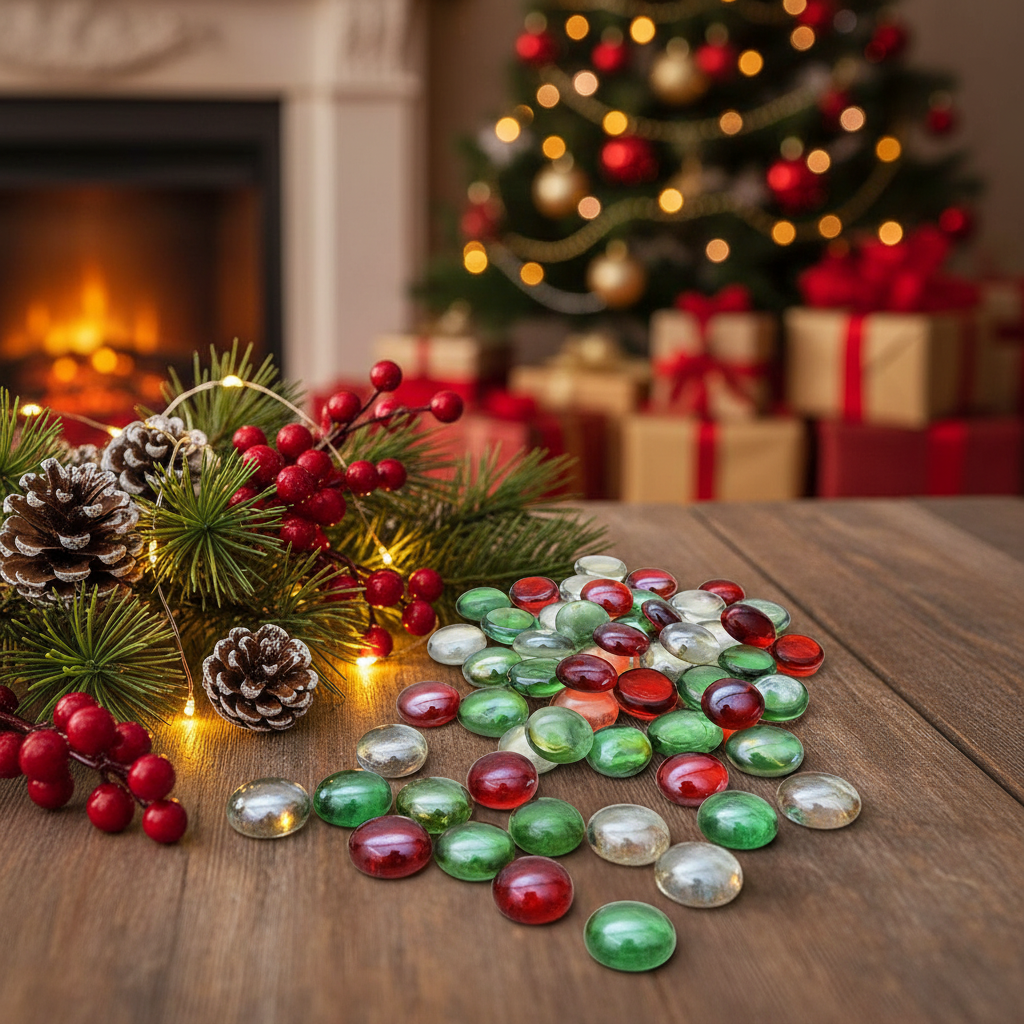 STONED red green clear glass pebbles displayed on a wooden surface with holiday pine cones and Christmas decorations