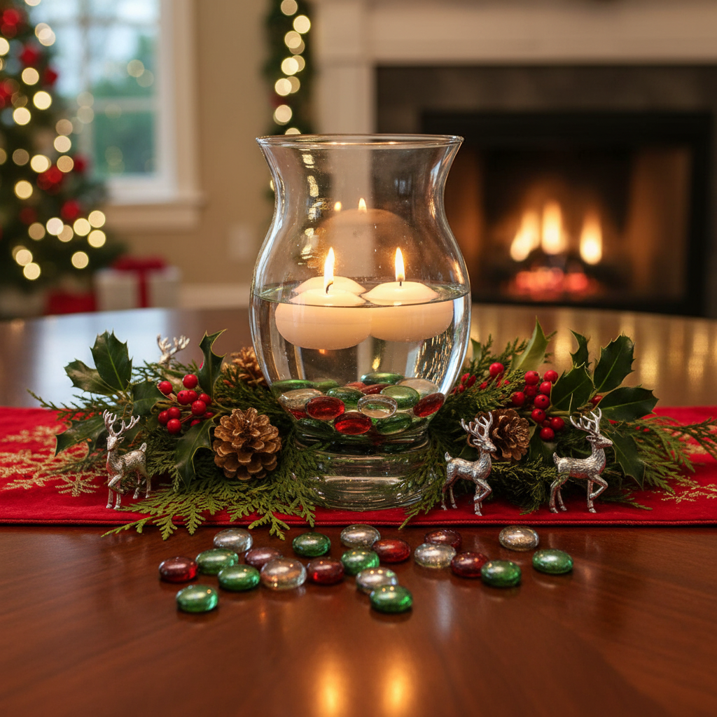 STONED red green clear glass pebbles around candle centerpiece with holiday decorations on wooden table