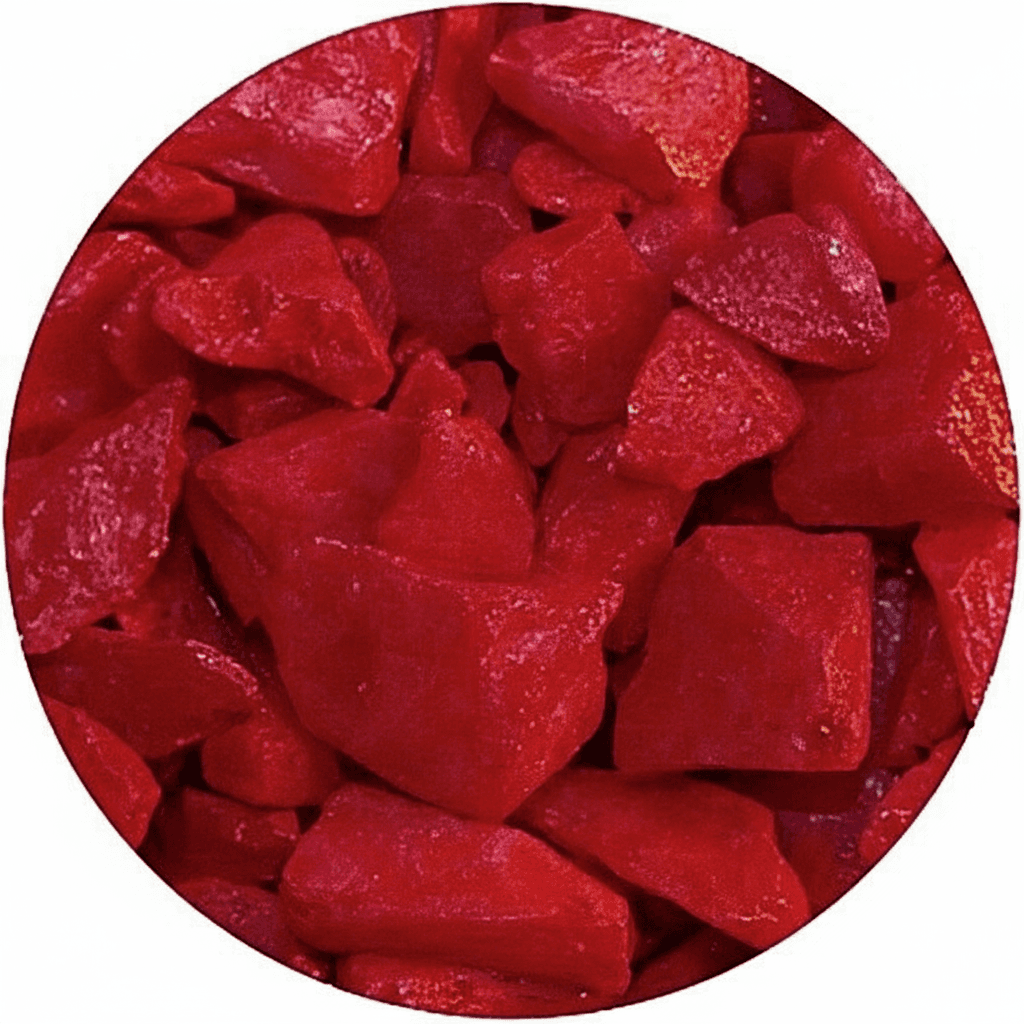 Close-up of red quartz crystal chippings by SGI Online with vibrant color and rough texture